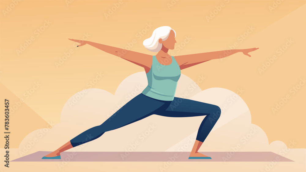 A mature woman stands tall and confident her silver hair swept back as she gracefully moves through a challenging yoga sequence embodying the A mature woman stands tall and confident her silver hair swept back as she gracefully moves through a challenging yoga sequence embodying the