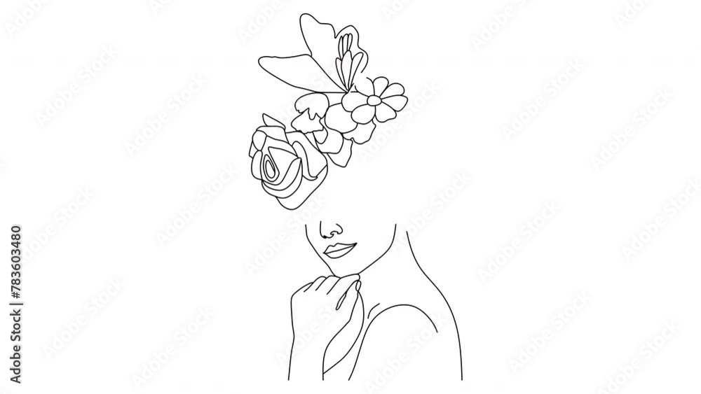 Abstract face with flowers by one line vector drawing. Portrait minimalistic style. Botanical print. Nature symbol of cosmetics. Modern continuous line art. Fashion print. Beaty salon logo. Abstract face with flowers by one line vector drawing. Portrait minimalistic style. Botanical print. Nature symbol of cosmetics. Modern continuous line art. Fashion print. Beaty salon logo.