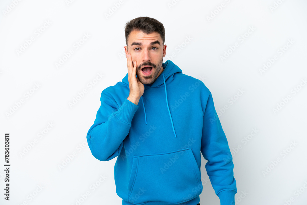 Young caucasian man isolated on white background with surprise and shocked facial expression Young caucasian man isolated on white background with surprise and shocked facial expression