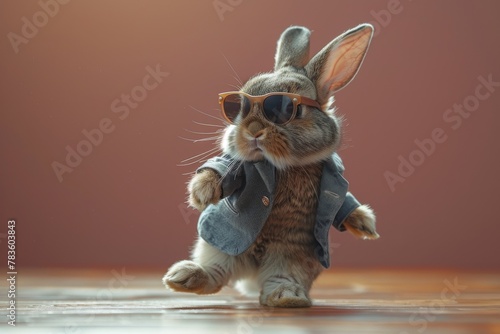 A trendy bunny sporting stylish sunglasses and a denim jacket strikes a pose with attitude photo