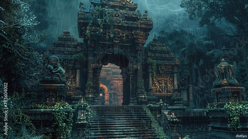 Rain shadow temple, hidden sanctuary, mystical rites, rainless boundary, 