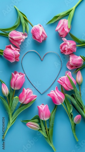 greeting background with tulips lying in shape of heart