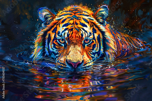 Prismatic Tiger Art Style. Generated Image. A digital rendering of a tiger in the wild with the prismatic color art style.