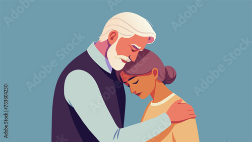 An illustration of a teenage sibling embracing their grandparent as they both grieve the loss of a family member.