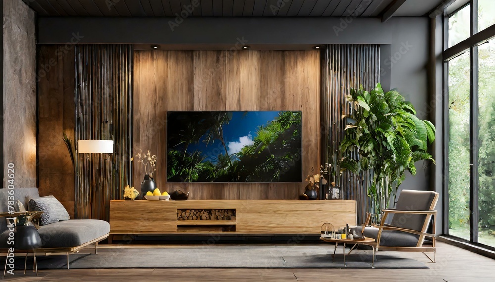Fototapeta premium Contemporary Comfort: Wooden Wall-Mounted TV in a Chic Living Space with Dark Wall Decor