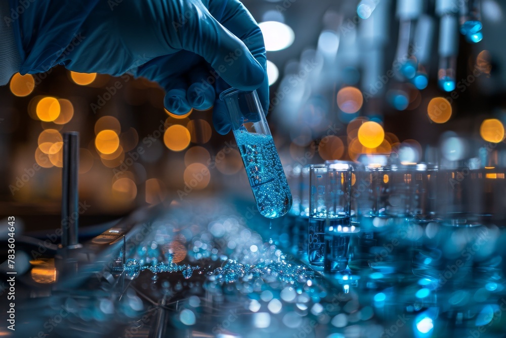 custom made wallpaper toronto digitalClose-up shot of a scientist's gloved hand holding a sparkling blue test tube in a laboratory with blurred background