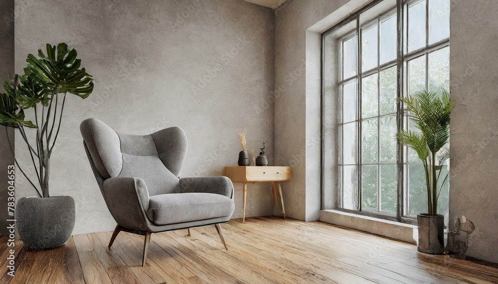 Modern Elegance: Gray Armchair Accentuates Wooden Flooring in Contemporary Living Space Modern Elegance: Gray Armchair Accentuates Wooden Flooring in Contemporary Living Space