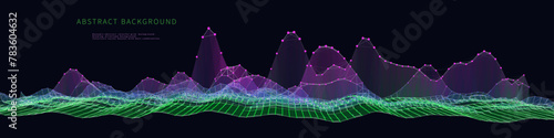 Abstract  background waviy color graph  in net from circles and lines on dark. Technology wireframe concept data plexus in virtual space. Banner for business, science and technology data analytics. 