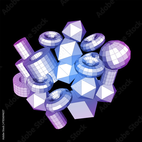 Group from geometric geometric 3D primitives i on white background. Vector illustration.