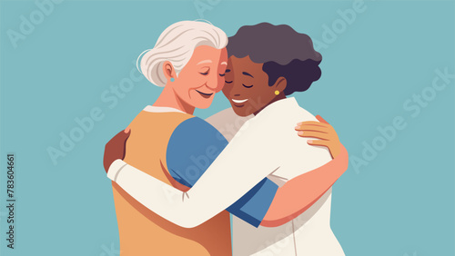 A heartfelt hug between a caregiver and their elderly client with both sets of hands wrapped tightly around each other.