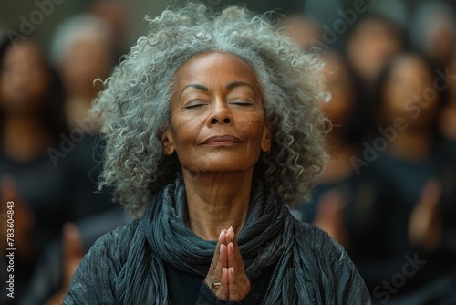 A serene elderly woman practices meditation with a group symbolizing peace and mindfulness