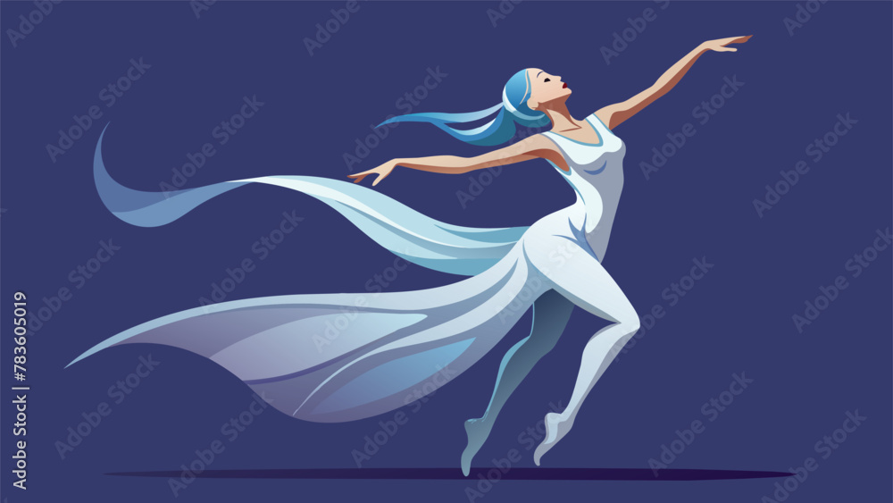 A dancer in a flowing silver costume gracefully moving across the stage with fluid movements and dazzling confidence embodying the radiance and