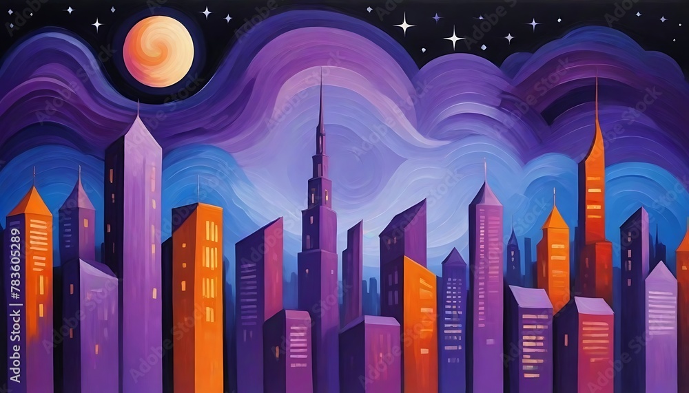 Evening Skyline Fusion: Cubist Visions - obrazy, fototapety, plakaty 