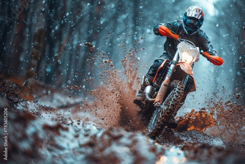 Action shot of a motocross rider covered in mud thrusting forward on a treacherous trail, showcasing skill and control