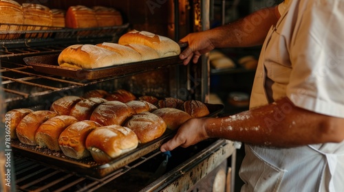 A baker pulling out a tray of freshly baked