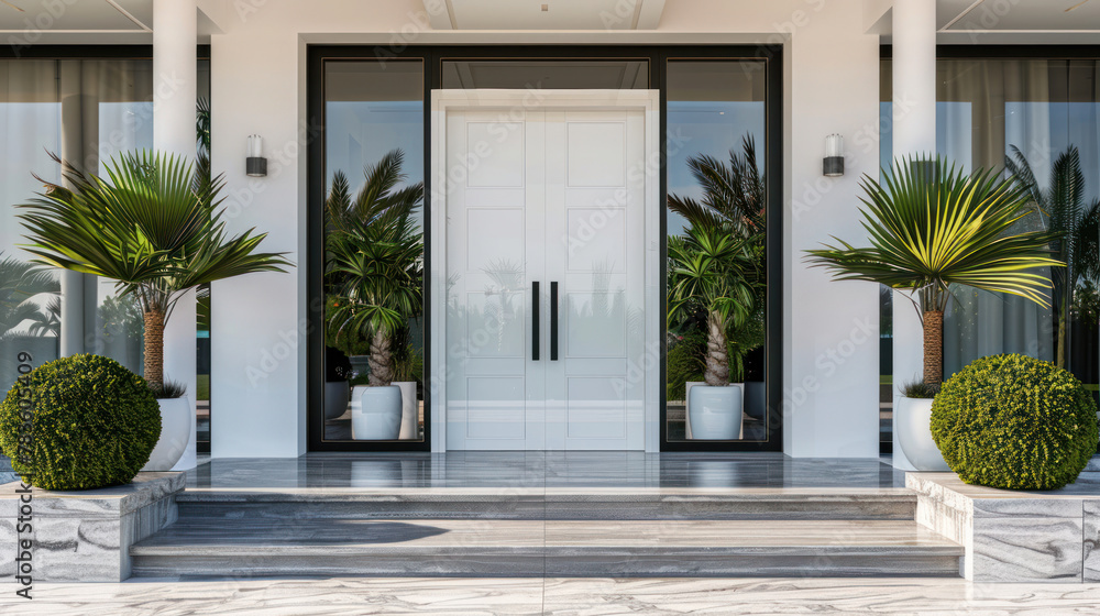 Main door to the luxury house with summer decoration, beautiful elegant entrance to the house, modern and elegant door, Summer time, Mockup
