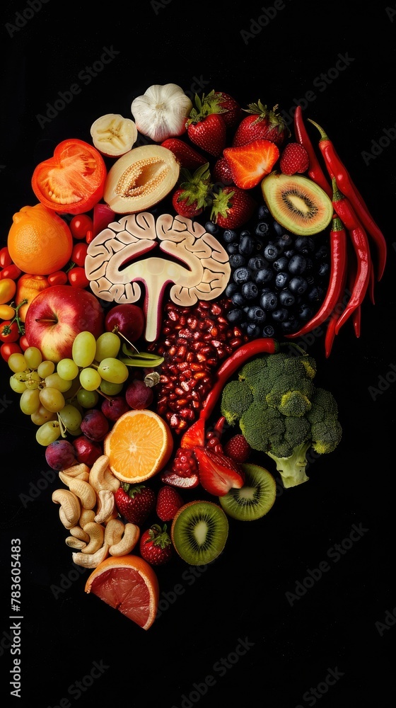 A stylized image of a brain made from Vitamin B-rich foods A stylized image of a brain made from Vitamin B-rich foods