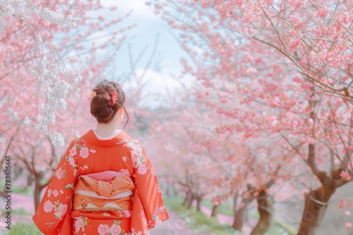 Beautiful Female wearing traditional Japanese kimono with cherry blossom in spring