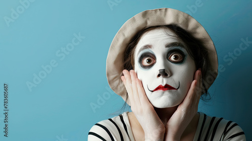 Portrait of traped female mime artist , on pastel blue background photo