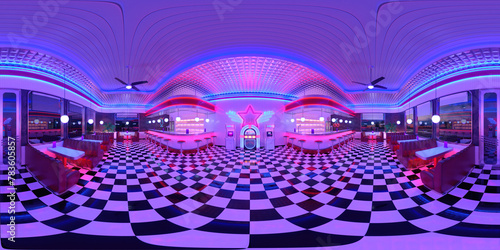 HDRI. Neon retro diner interior. Full spherical panorama 360 degrees. 3D render illustration.
