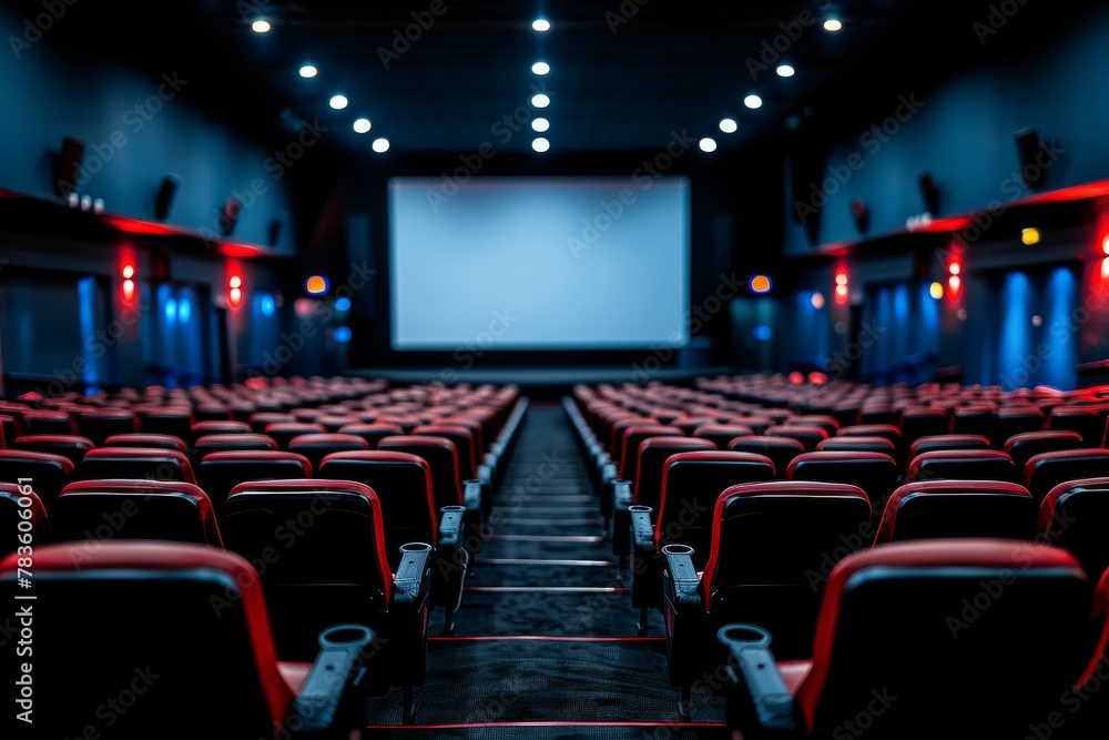 This image showcases a contemporary theater with luxurious blue leather seating and vivid blue lighting along the aisle