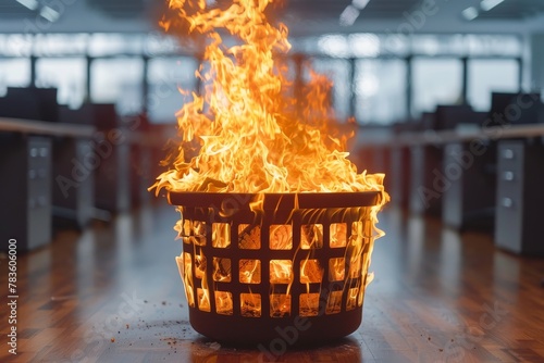 A mesmerizing view of uncontrolled flames engulfing a wire trash basket in an office setting