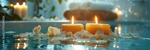 Serene Spa Ambiance with Flickering Candles and Floating Flowers in Tranquil Water