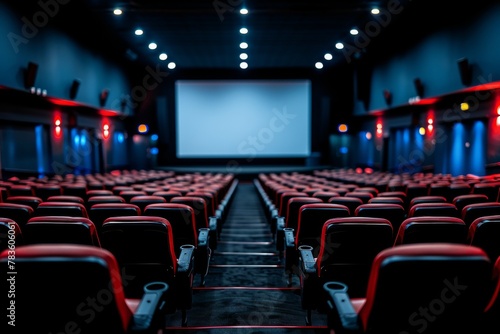This image showcases a contemporary theater with luxurious blue leather seating and vivid blue lighting along the aisle