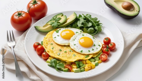A delicious omelet with sunny side up eggs, avocado, and tomatoes, served on a white plate for a perfect breakfast shot. AI Generation
