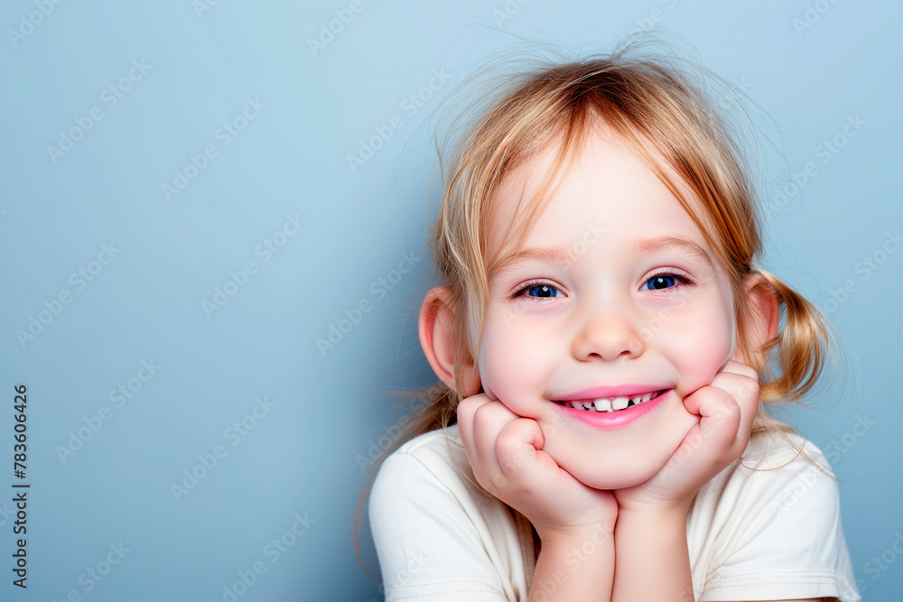 portrait of a cute cheerful little girl with a beautiful smile on blue background. portrait of a cute cheerful little girl with a beautiful smile on blue background.