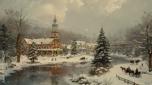 A vintage Merry Christmas background with an old-fashioned town square, horse-drawn carriages, and people enjoying ice skating on a frozen pond