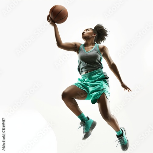 Dynamic action shot of a female basketball player jumping for a layup.