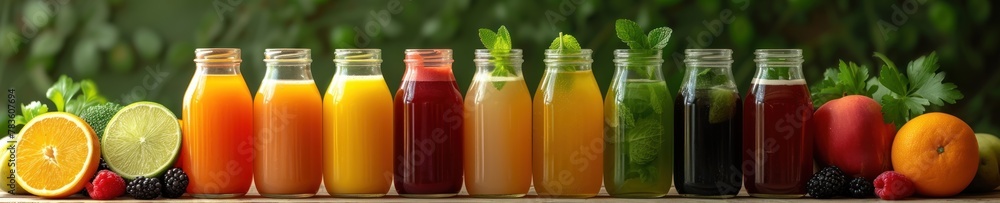 A variety of fruit juices in glass bottles on a wooden table. A variety of fruit juices in glass bottles on a wooden table.