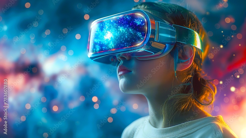 A mesmerizing 3D illustration of a young child wearing VR goggles, exploring the wonders of the galaxy from the comfort of their own home. generative ai illustration. A mesmerizing 3D illustration of a young child wearing VR goggles, exploring the wonders of the galaxy from the comfort of their own home. generative ai illustration.
