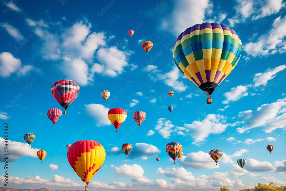 A colorful hot air balloon festival against a blue sky