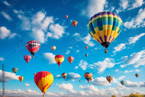 A colorful hot air balloon festival against a blue sky photo