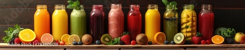 A variety of fruit juices in glass bottles with fresh fruits and vegetables on a wooden table.