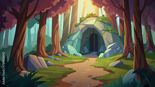 entrance-to-a-cave-in-the-middle-of-a-forest-vector illustration