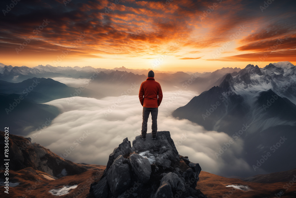 A lone hiker admiring a panoramic view from a mountain peak 