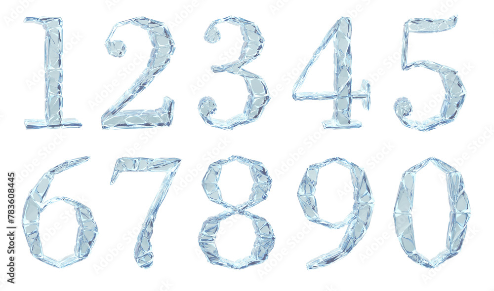 Numbers made of transparent ice. 3d illustration set