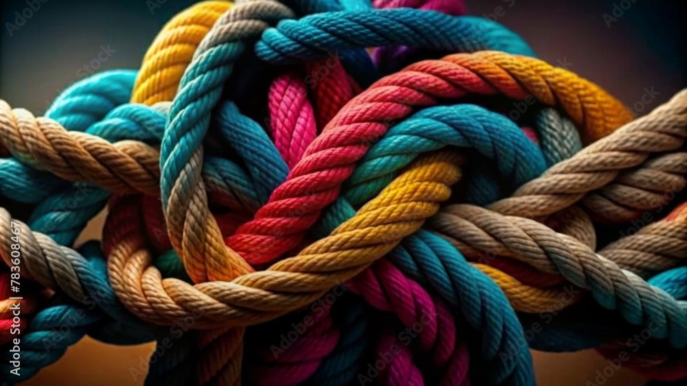 Closeup of colorful ropes intertwined in a knot