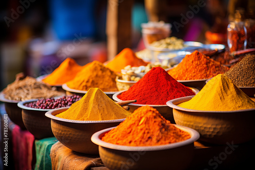 A colorful array of spices in a bustling market photo