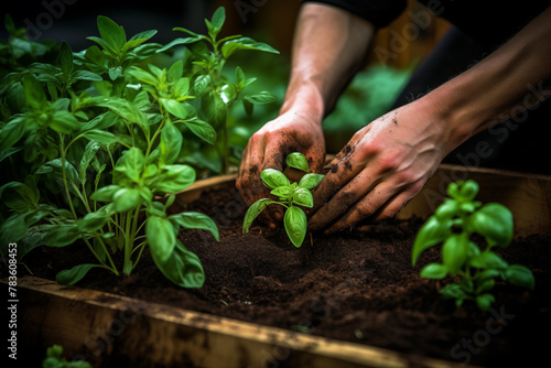 A pair of hands planting herbs in a kitchen garden