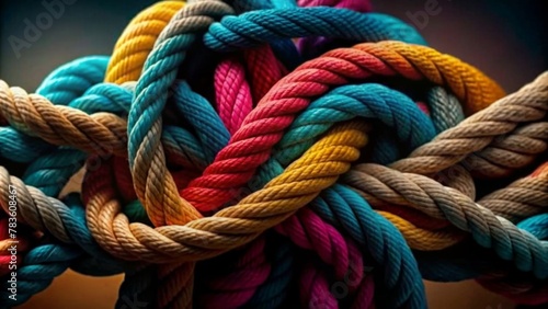 Closeup of colorful ropes intertwined in a knot photo