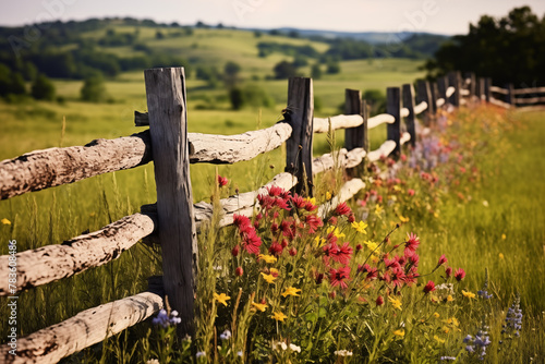 A rustic wooden fence winding through a field of wildflowers photo