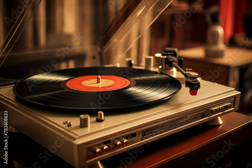 A vintage record player spinning a vinyl album