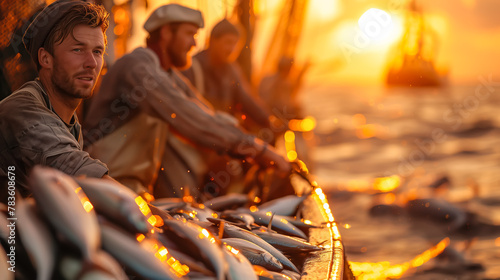 A group of fishermen is on a big boat in the sea. They are taking fish out of the nets, pulling them up one by one. Hardworking fishermen are hauling in their catch form the nets Generative AI.