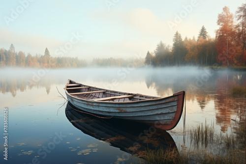 A rustic wooden rowboat on a calm lake