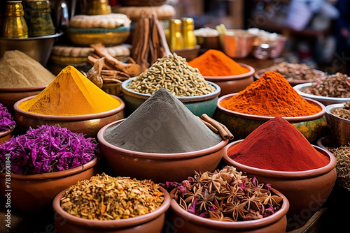 A colorful array of spices in Moroccan market