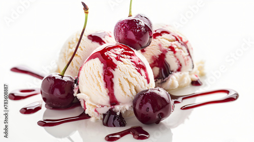 Vanilla ice cream with cherry syrup isolated
